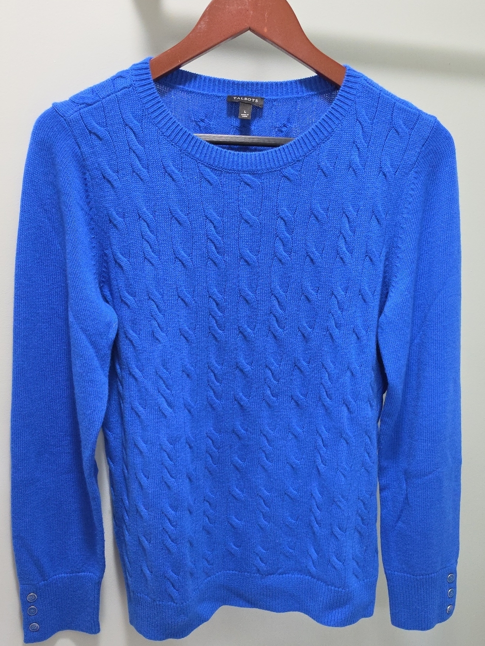 Talbots Bright Cobalt Blue Cable-Knit Crewneck Sweater, Size L